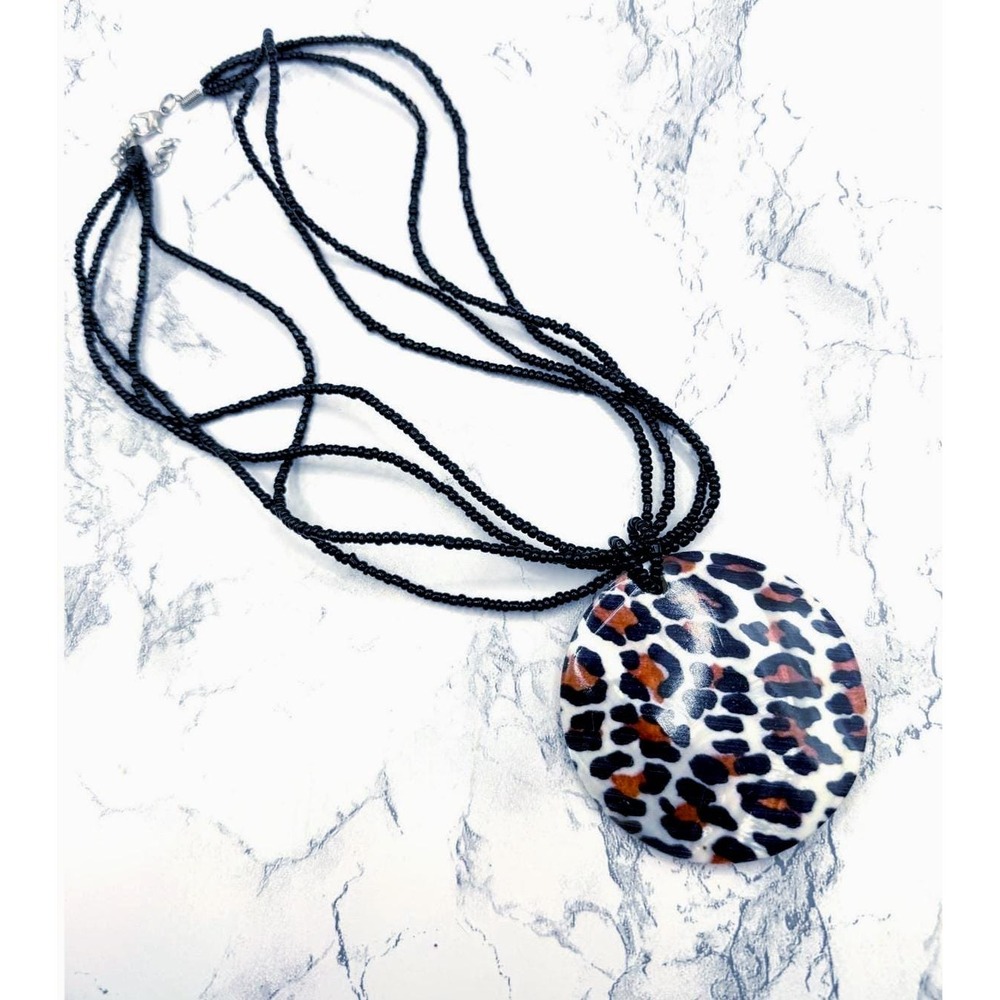 Leopard Print Natural Shell Statement Necklace Multi‎ Strand Beaded Pendant